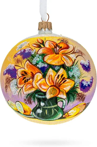 Vista 5 de Florero floral obra maestra adorno de bola de cristal 4 pulgadas Hand Painted in Ukraine, German Glass, Italian Paints, Hanging Ribbon, Gift Tag