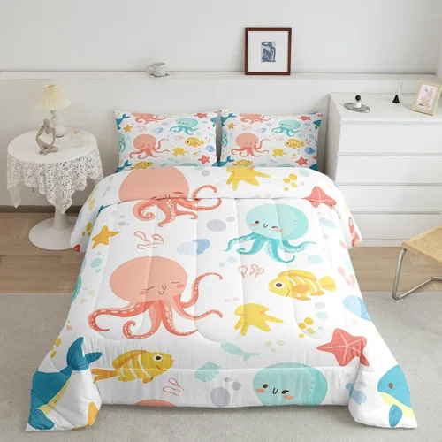 Vista 27 de Erosebridal Blue Ocean - Juego de edredón tamaño individual Juego de ropa de cama de ballena delfín y tortuga marina para niños y niñas, juego