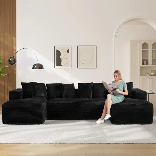 Vista 23 de Sofás seccionales en forma de U de gran tamaño de 131 pulgadas para sala de estar, cómodo sofá modular de pana esponjosa beige sin hueso, sofá