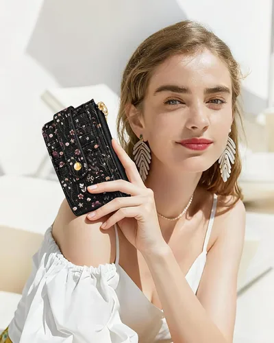 Vista 6 de Cartera delgada pequeña para tarjetas para mujeres – Linda cartera con llavero con bloqueo RFID que sostiene 7 tarjetas, diseño de moda de cuero