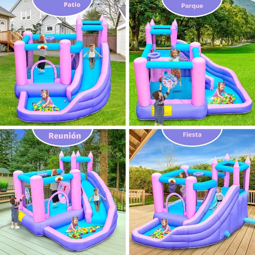 Vista 4 de WELLFUNTIME Casa inflable de rebote con tobogán, castillo de salto para niños con soplador, pozo de bolas, pared de escalada, diana, aro