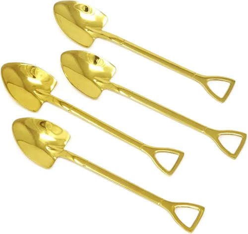 Vista 9 de Honbay 4 cucharas de postre de helado de café con forma de pala de oro de acero inoxidable para el hogar y fiesta (dorado) (negro)