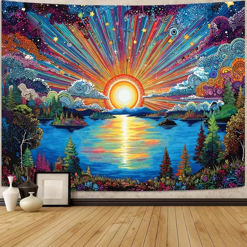 Vista 21 de Zussun Tapiz de hongo rojo, tapices de luna y estrella para dormitorio, estética de color beige, noche estrellada, planta verde, tapiz de pared