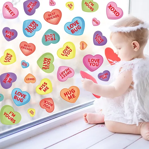 Vista 2 de Whaline 9 hojas de calcomanías románticas de corazón para el día de San Valentín, decoración de corazón de caramelo de doble cara para el hogar
