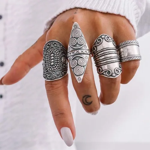 Vista 2 de Anillos bohemios gruesos del oeste para mujeres y hombres, anillos grandes apilables vintage, anillos grandes para nudillos, plateado, turquesa