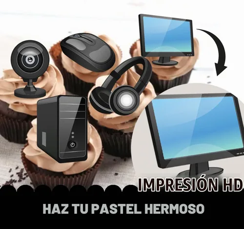 Vista 3 de 18 piezas de equipo electrónico con purpurina para decoración de postre para cupcakes, auriculares para computadora, teclado, ratón, decoraciones
