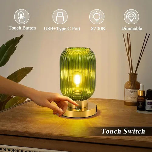 Vista 2 de Lámpara de mesa de cristal para sala de estar, lámpara de noche vintage para dormitorio, lámpara de mesa de noche regulable de 3 vías con control