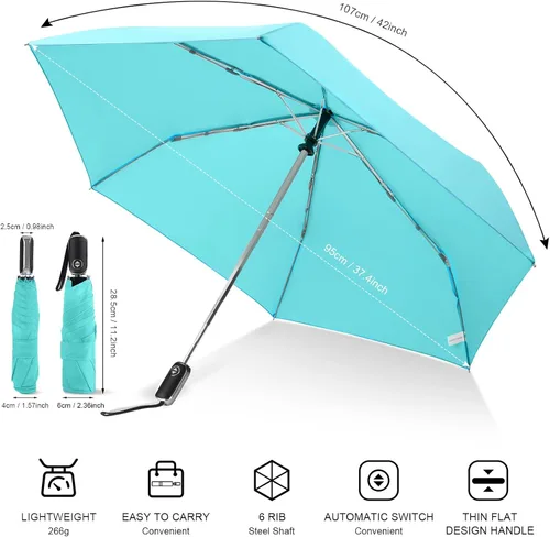Vista 6 de LEAGERA Paraguas de viaje compacto para bolso, mango plano, impermeable para lluvia ligera