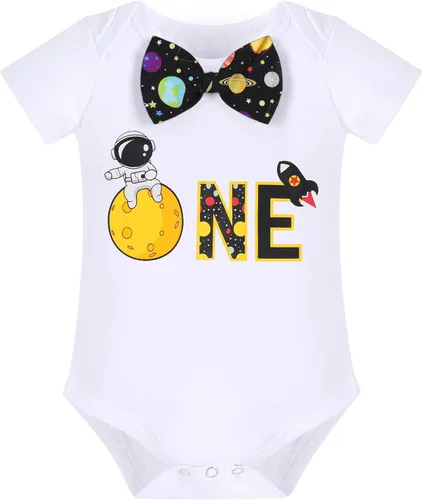Vista 2 de IMEKIS Traje espacial de primer cumpleaños para bebés niños + pantalones cortos con tirantes, astronautas, accesorios para fotos