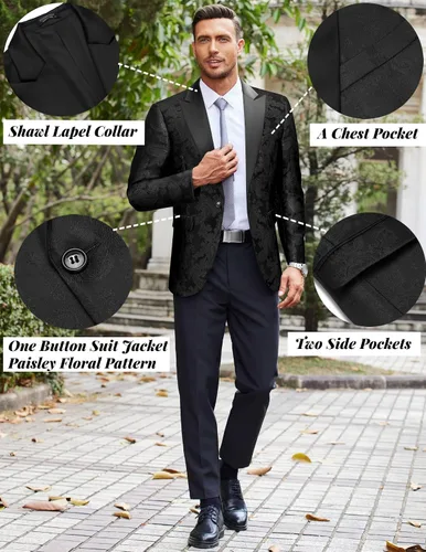 Vista 5 de COOFANDY Chaqueta de esmoquin formal de cachemira floral para hombre, vestido de cena, fiesta, baile de graduación, chaqueta de esmoquin