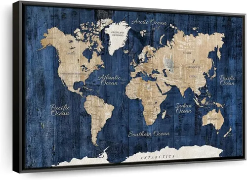 Vista 12 de ElephantStock - Wood Textured World Map Wall Art - Horizontal Floating Framed Canvas - Dining Room Wall Decor - Digital Art Map Framed Canvas Art