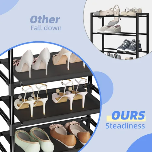 Vista 6 de Simple Trending Zapatero para armario, estante estrecho de 10 niveles con capacidad para 20 pares, organizador de zapatos con ganchos, color negro