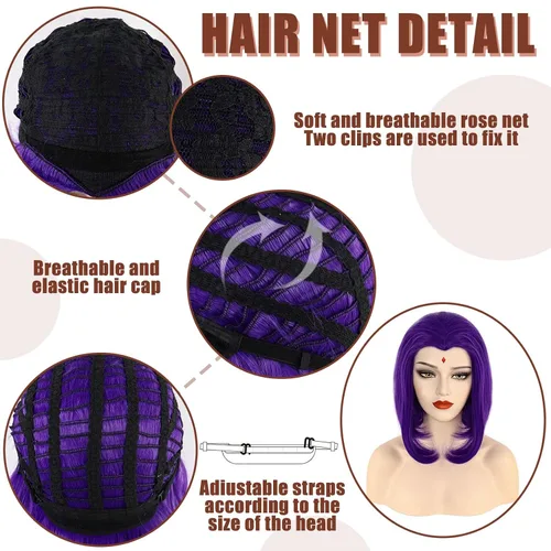 Vista 6 de Ebingoo 7 piezas de peluca corta morada estilo Bob para mujer + accesorios de disfraz + gorra de peluca, peluca corta recta morada, peluca de pelo