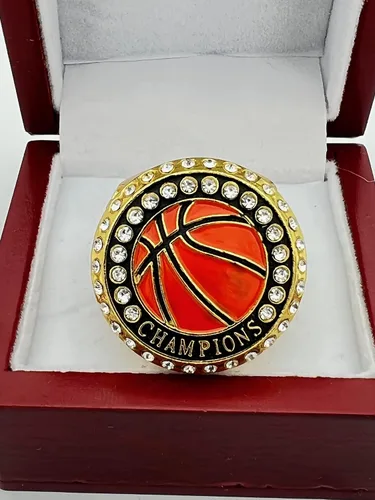 Vista 3 de Anillos deportivos de descuento, ANILLO DE CAMPEONATO DE BALONATO DE BASKETBALL REDONDO — ORO, PINTADO BALL, Anillos de jugador 19-8