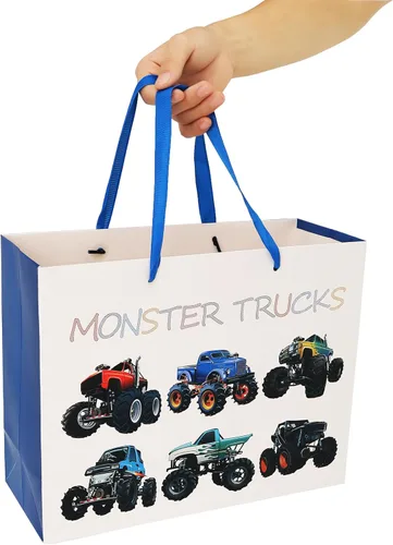 Vista 6 de Juego de bolsas de regalo de cumpleaños grandes de 13 pulgadas con tarjeta de felicitación y papel de seda (diseño de camiones monstruo) para niños