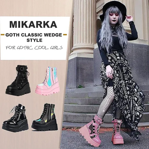 Vista 5 de mikarka Botas de plataforma holográfica para mujer, con cordones, hebilla con tachuelas, góticas, apiladas, botas de combate