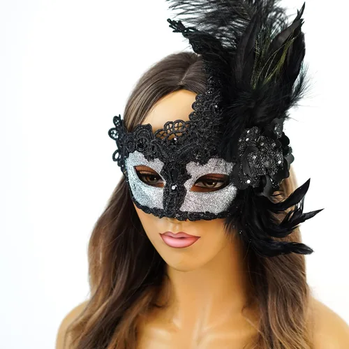 Vista 3 de Máscara de plumas burlesque, máscara de encaje de Mardi Gras para mujer, disfraz de plumas de pavo real, máscara de brocado veneciano