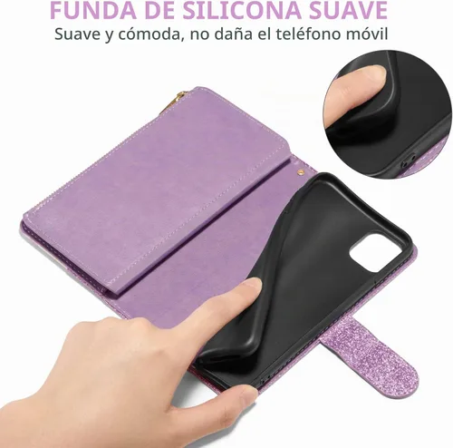 Vista 6 de UEEBAI Funda tipo cartera para iPhone 11 de 6.1 pulgadas, piel sintética con purpurina, cierre magnético, bolsillo con cremallera, ranuras