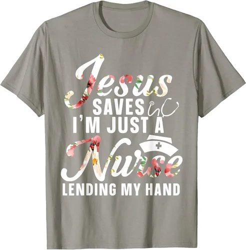 Vista 13 de Jesus Saves I'm Just A Nurse Lending My Hand RN Christian T-Shirt Asphalt Grey