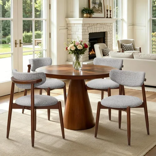 Vista 36 de CHUN YI Juego de 2 sillas de comedor tapizadas de madera maciza, sillas auxiliares de cocina de tela moderna de mediados de siglo con respaldo Beige