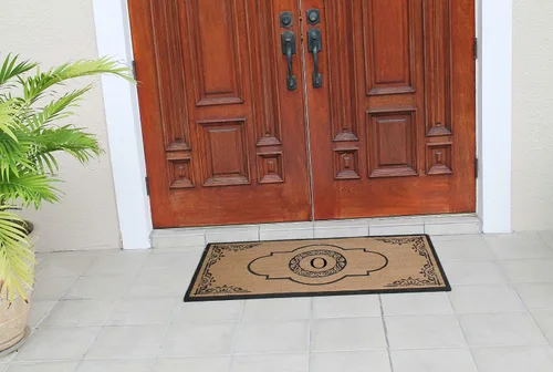 Vista 5 de A1HC - Felpudo con monograma de fibra de coco natural para entrada exterior, resistente y antidesprendimientos, duradero, perfil delgado, fácil