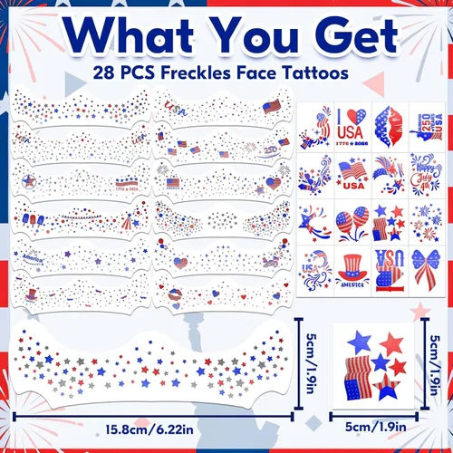 Vista 2 de 28 tatuajes faciales de pecas del 4 de julio, con purpurina, rojo, blanco, azul, bandera de Estados Unidos, estrellas, tatuajes patrióticos