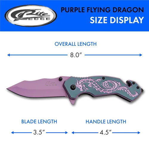 Vista 3 de SZCO 7.75" Cuchillo plegable de utilidad de rescate con apertura asistida Flying Dragon (Morado)