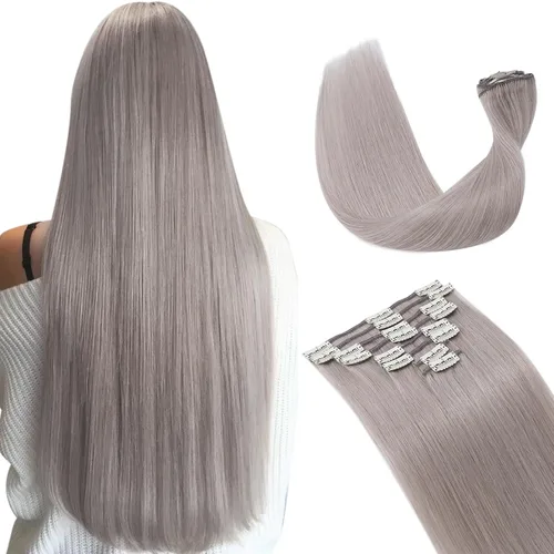 Vista 36 de Extensiones de cabello con clip, cabello humano Remy, extensiones de cabello largo lacio de una pieza con 5 clips, con gancho para colgar