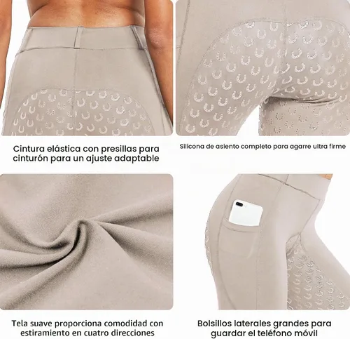 Vista 4 de FitsT4 Sports Mallas de Equitación de Asiento Completo para Mujer con Agarre de Silicona Activa Pantalones Ecuestres Albaricoque