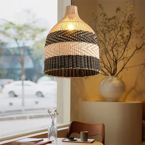 Vista 9 de Lámpara Colgante de Ratán 1 Paquete Candelabro de Cesta de Ratán Sintético Negro Blanco 11.8" Boho Tejido a Mano Ovalado de Mimbre Lámpara Colgante