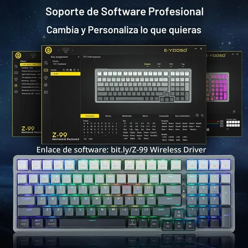 Vista 7 de E-YOOSO - Teclado mecánico inalámbrico Bluetooth, 99 teclas, color gris degradado Wired Gaming Keyboard RGB Backlit, Hot Swappable Pre-lubed