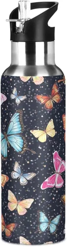 Vista 8 de Stainless Steel Water Bottle 20 Oz, Leakproof Water Bottles for Gym Outdoor Travel School, Colorful Butterflies Black