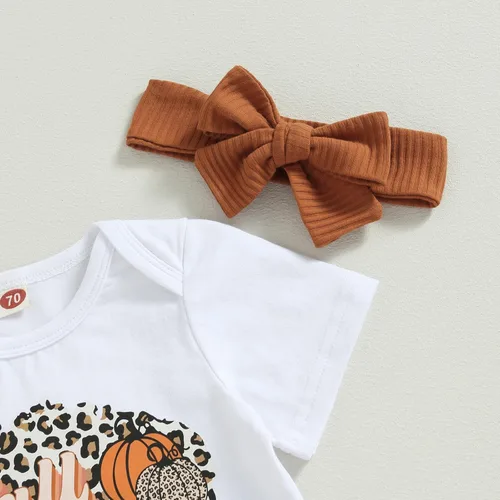 Vista 5 de Karuedoo Conjunto de mameluco de manga corta para bebé niña, Halloween, Acción de Gracias, calabaza, otoño, pantalones acampanados y diadema