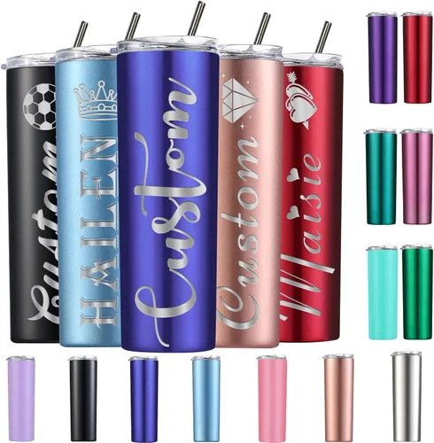 Vista 13 de Vasos delgados personalizados con tapas y popotes, vaso grabado con láser personalizado con nombre para mujer, regalo de 20 onzas, taza de acero