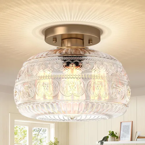 Vista 13 de Lámpara de Techo Semiempotrada, Luminaria Moderna Mejorada Cerca del Techo con Vidrio Transparente, Dorada, Iluminación Interior para Cocina