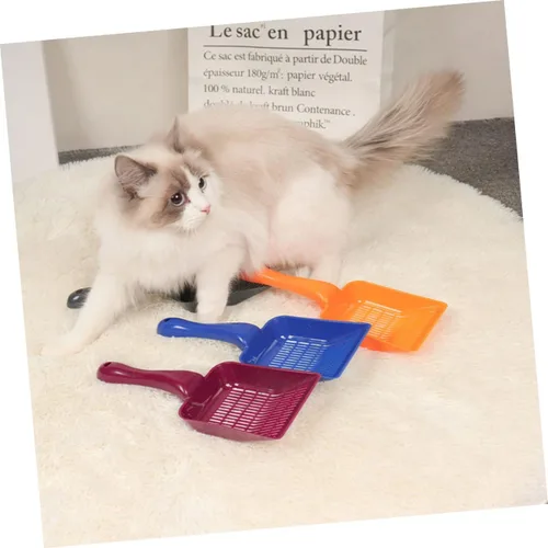 Vista 3 de 4 cucharas de arena para gatos, herramientas de limpieza de arena para gatos con agujeros pequeños, mango cómodo para mascotas para limpieza