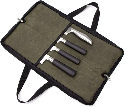 Vista 13 de Rollo de cuchillos, bolsa resistente para cuchillos, estuche de lona encerada con 4 ranuras para cuchillos y herramientas de cocina, bolsa