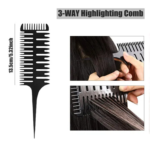 Vista 4 de Fox Baby Peine para peinar el cabello, 4 peines de metal negro, resaltado, estilo profesional, para estilista en casa, peluquero, tejido, teñido