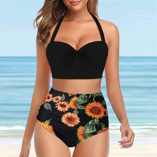 Vista 2 de Traje de baño de dos piezas para mujer, bikini de dos piezas de cintura alta con espalda cruzada, bikini anudado, bikini de 2 piezas