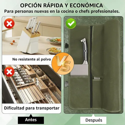 Vista 4 de lelezone Bolsa enrollable para cuchillos de chef, resistente al agua, funda de lona encerada para cuchillos, bolsas enrollables para chefs Verde