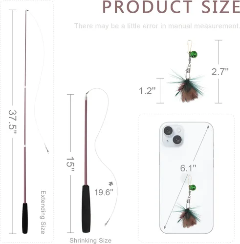 Vista 5 de SONGWAY Cat Teaser Wand Toy – Juego de 10 piezas de juguete de plumas de insectos y gatos con varita retráctil y recambios de plumas con campana
