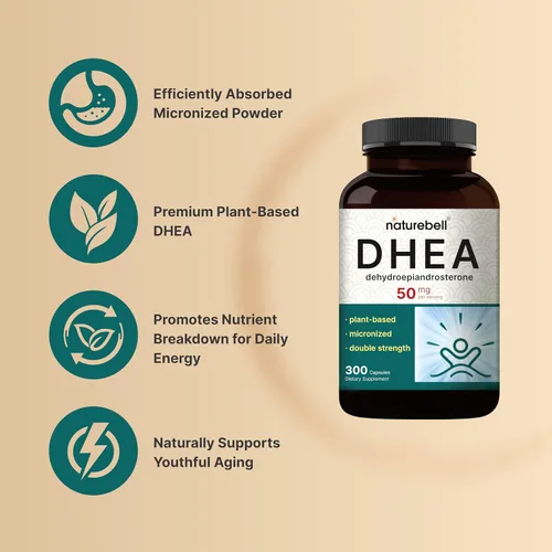 Vista 3 de NatureBell DHEA 50mg para hombres y mujeres, 300 cápsulas Micronizado para una mejor absorción Fuente a base de plantas Apoya la energía