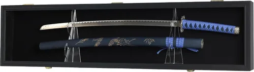 Vista 2 de Vitrina de espada, soporte de pared para gabinete con capacidad para sable militar o espada samurái con cerradura con protección UV, fieltro negro