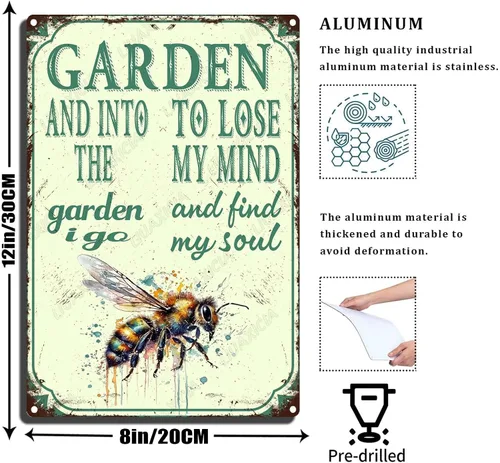 Vista 2 de LIUAXICIA Letreros divertidos de metal con texto en inglés "In The Garden to Lose My Mind and Find My Soul Bee Garden - Letreros de lata
