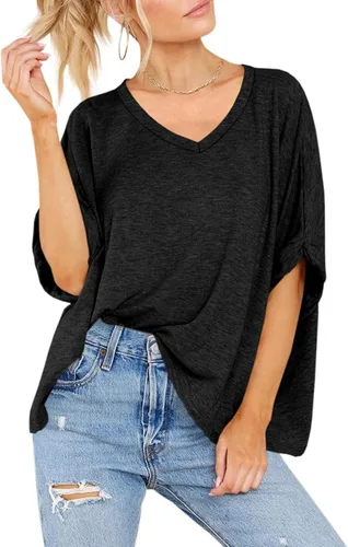 Vista 4 de Womens Oversized Short Sleeve Top V Neck Summer Casual T-Shirt Basic Tee Tops