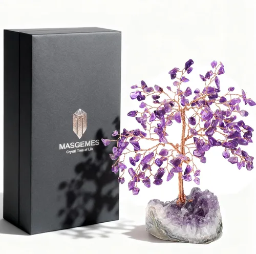 Vista 2 de Árbol de la Vida de Cristal de Gemas de Chakra Hecho a Mano, Amatista Natural con Base de Racimo de Amatista, Decoración Feng Shui Bonsái Árbol