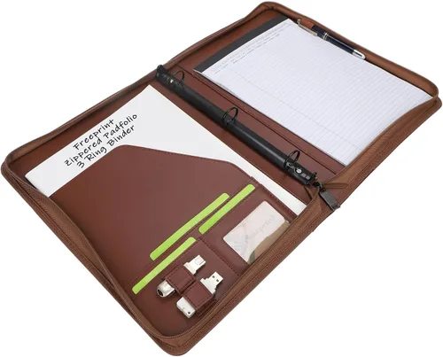 Vista 3 de portafolio con cremallera de 3 anillos, organizador de carpeta con bloc de notas tamaño carta legal - Portafolio de PU de cuero con organizador