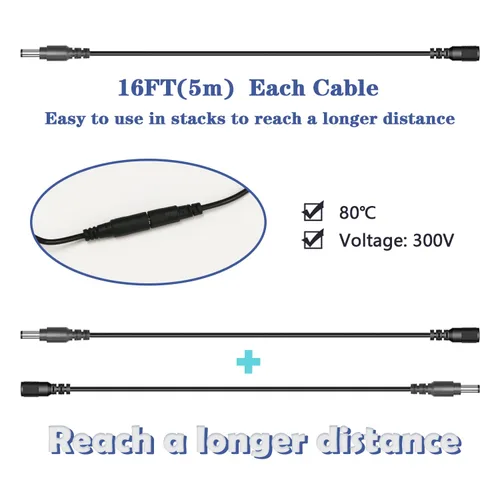 Vista 7 de 2PCS 16FT (16.4 ft) 12V DC Cable de extensión de alimentación Negro