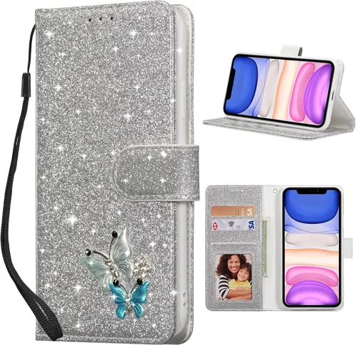 Vista 9 de UEEBAI Funda tipo cartera para iPhone 11, funda de piel sintética con purpurina para teléfono, ranuras para tarjetas, funda con función atril Negro