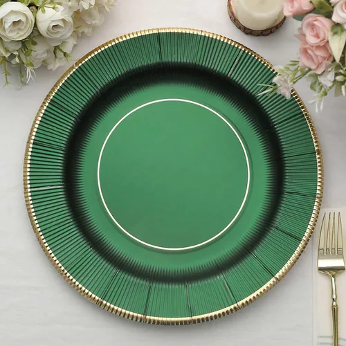 Vista 2 de Efavormart 25 Pack 13" Platos de servir desechables metálicos de color esmeralda de cazador con rayos de sol verde, platos de carga de papel Verde
